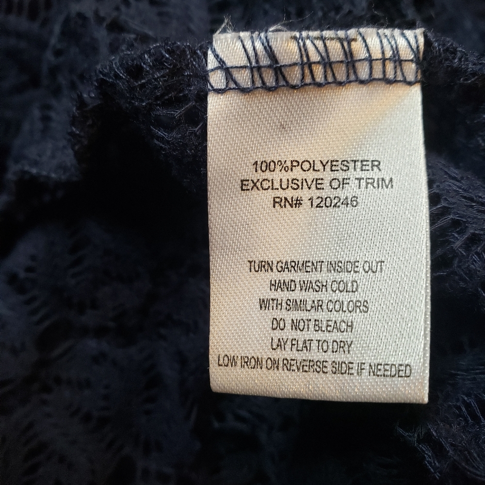 Wallflower knit lace detail, fringe bottom navy long vest shrug, shawl - Picture 4 of 6
